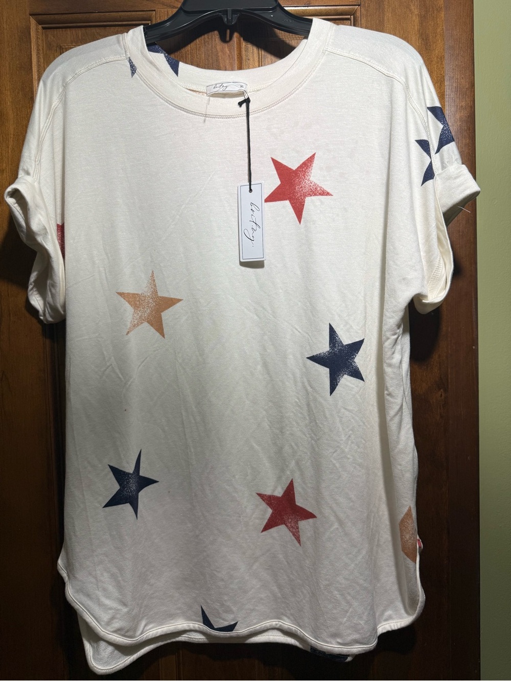 Womens Cream Star Print Tee - Casual Short Sleeve Top XL